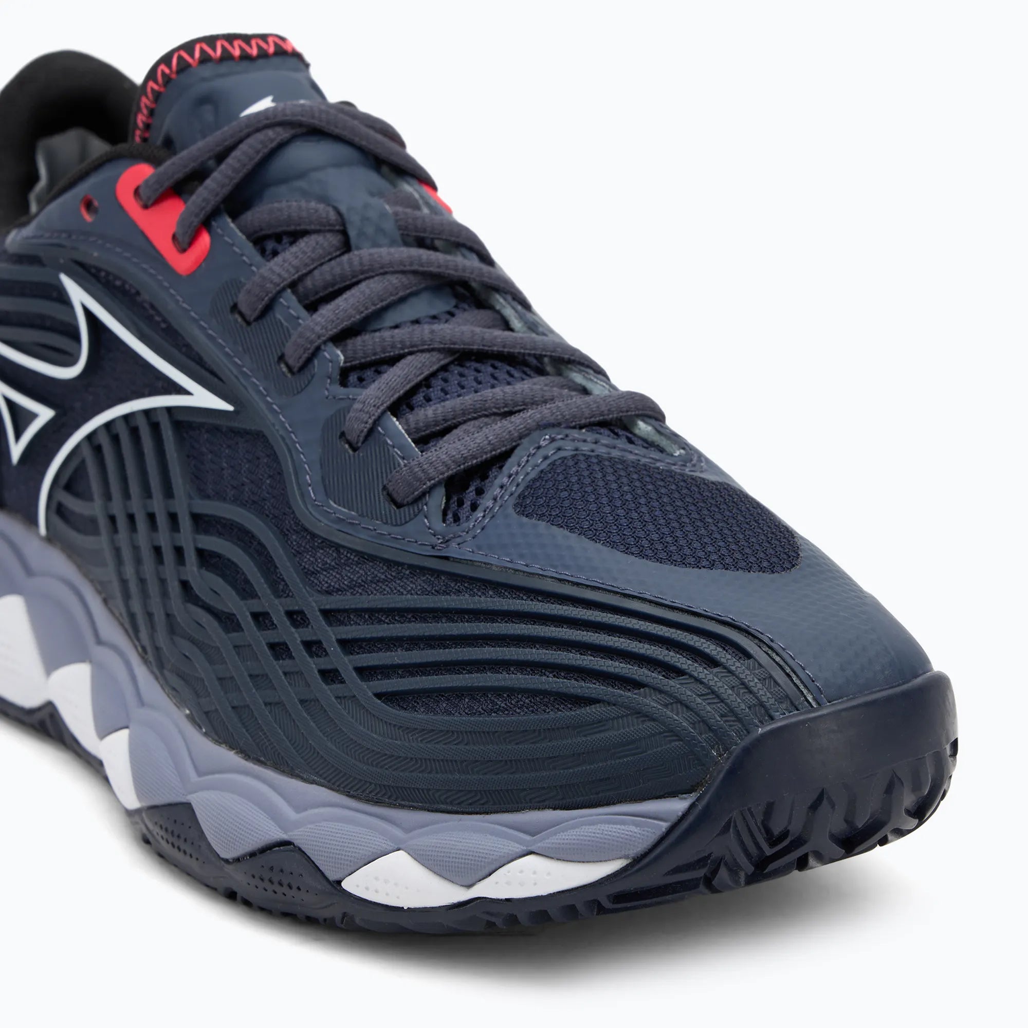 Mizuno navy padel shoe close-up front view with white and red detailing – Padelave
