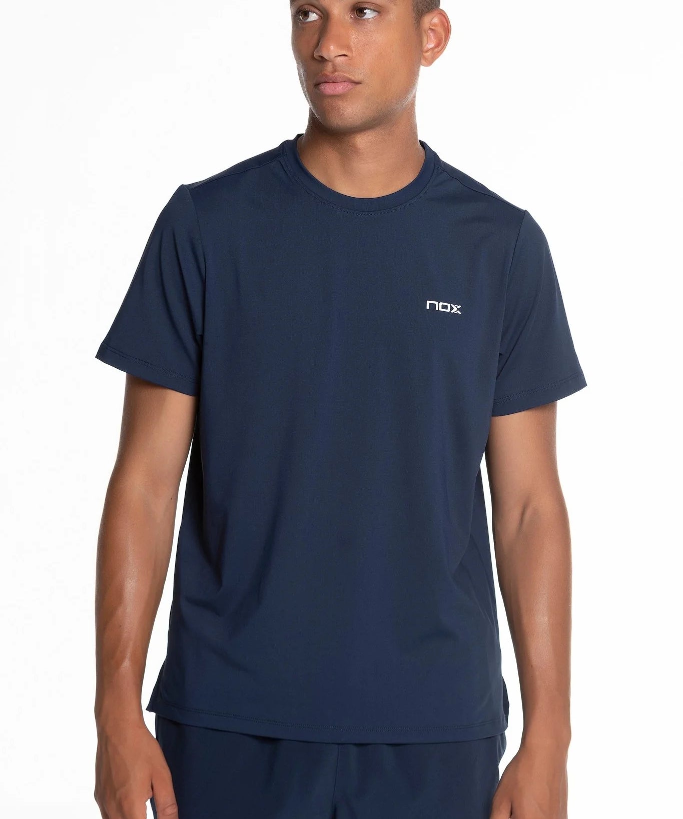 Men’s navy padel t-shirt front view on standing model